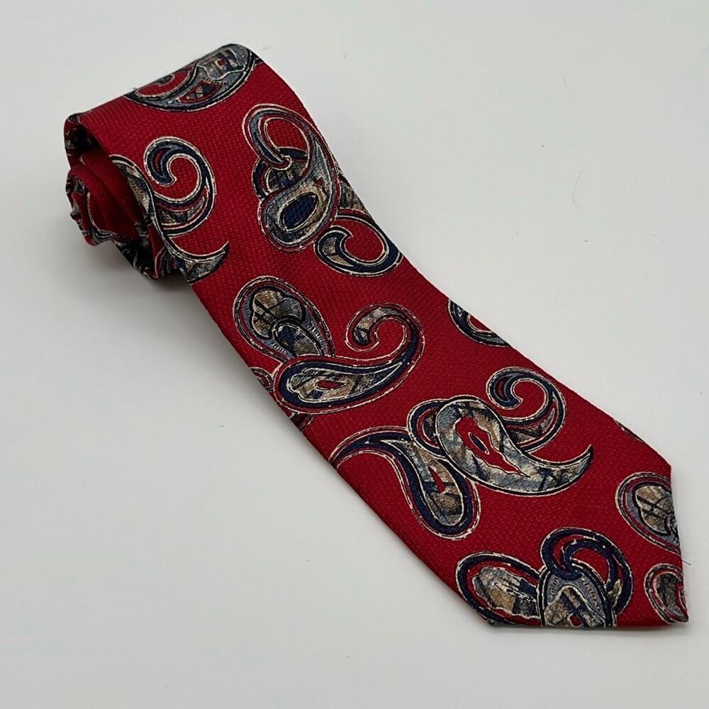 LANDS' END Necktie Men's OS Red Blue White Textured Paisley Print 100% Silk Tie